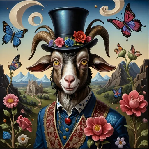 Prompt: (A seven wonders art glass studio) masterpiece oil painting, detailed depiction of a whimsical goat wearing a (top hat) adorned with vibrant flowers, accompanied by a graceful butterfly symbolizing Nuit. Spring Equinox 1467, infused with (Renaissance) influences, demonstrating a blend of pop surrealism in the style of pj crook, vivid colors and intricate details create a captivating atmosphere. 