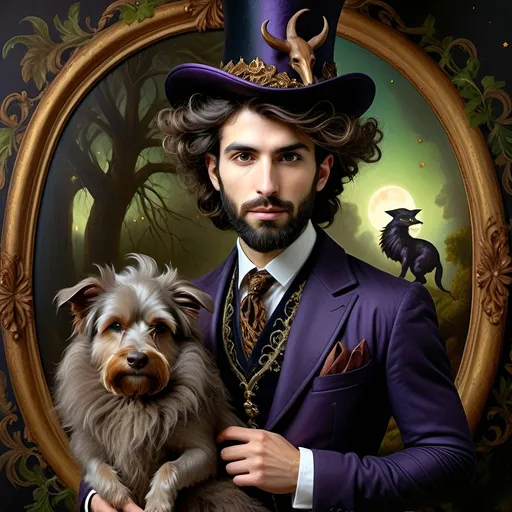 Prompt: (honoring Nuit), moon and stars) captivating handsome man magician, pointed witch hat, facial features highlighted, elegant beard, (renaissance baroque painting style), dark mystical background, rich deep colors with dramatic contrast, elements of Halloween celebration in still life arrangement, enigmatic ambiance, intricate shadows and light, (highly detailed), evoking intrigue and enchantment.