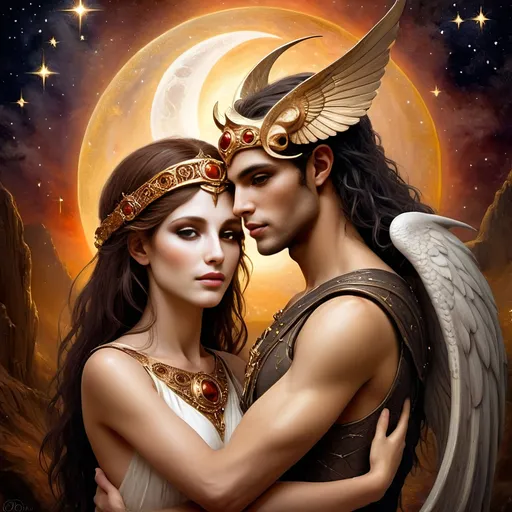 Prompt: (A masterpiece oil painting) of Nuit and Hadit embracing, set in a beautiful and ethereal landscape. Central sun and moon circle radiating (with golden and silver hues), surrounded by a celestial scene filled with sparkling stars and planets. Emphasis on (detailed textures) and (vibrant colors) that bring life to the mystical atmosphere, capturing the essence of the Aeon of Horus. (High definition, ultra-detailed).