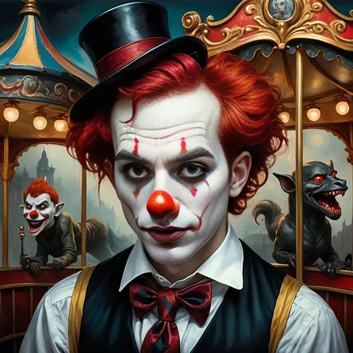 Prompt: (7 Wonders Art Glass Studio oil painting), a clown with (vibrant red hair), (pale white face), exaggerated (red eyes) and (nose ring), expressing profound (anger, hatred, and hopelessness), set against an eerie (Carousel of Horrors) background, intricate (gothic details), deep shadows and (dramatic highlights), conveying a haunting atmosphere, (rich textures), striking color contrasts, (ultra-detailed), capturing unsettling emotions.