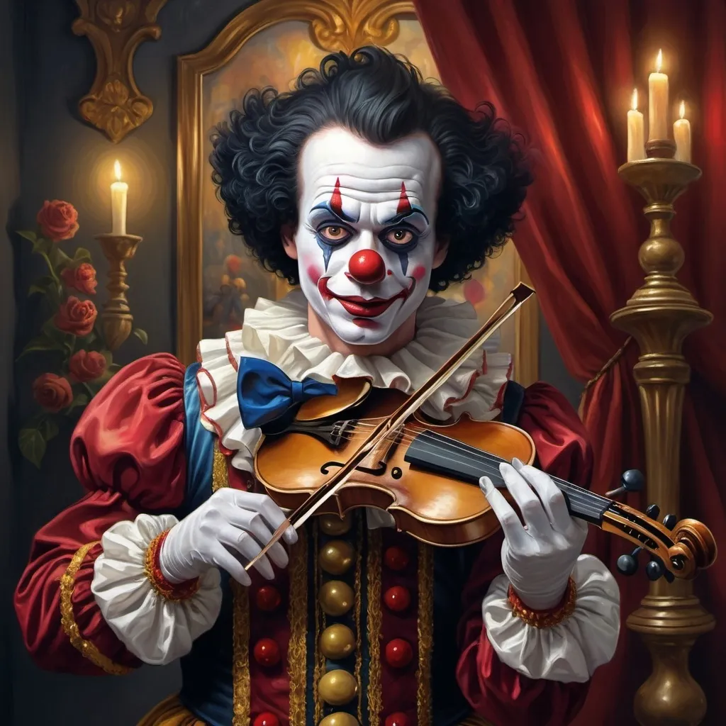 Prompt: a painting of a dark headed male clown with a gold violin and a ball in front of him, with a red clown's face painted on it, magical ambiance, friendly, highly detailed digital painting, an ultrafine detailed painting.  Add Renaissance background.  Adorn with mystic florals.  Add sun influences.  Add influences of the God Nuit in the following manner.  