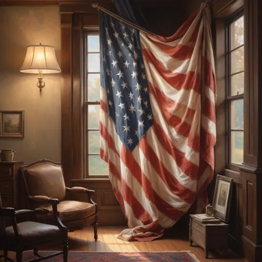 Prompt: (large American flag) dramatically draped in a cozy room, soft and warm ambient light from the lamp, a serene window casting gentle sunlight, (highly detailed) oil painting style, reminiscent of Benjamin West, (fine art painting) atmosphere reflects an inspiring and patriotic feel, rich textures and vivid colors elegantly blending to create depth, (4K) ultra-detailed artwork.