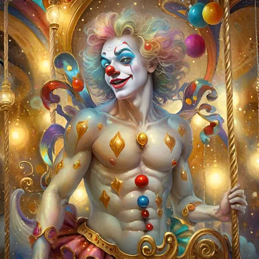 Prompt: Masterpiece painting of a magical clown genie, (surprised expression), riding a whimsical carousel adorned with vibrant colors and intricate details, soft shimmering lights illuminating the scene, (homage to Nuit), dreamy atmosphere, playful and enchanting mood, ultra-detailed, rich textures, surreal elements, background filled with shimmering stars and soft clouds, emphasizing wonder and imagination.