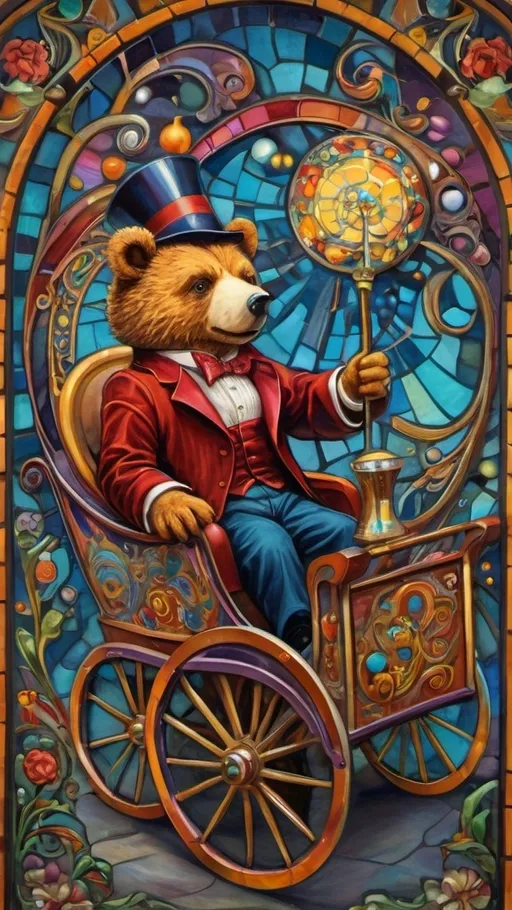 Prompt: Art nouveau painting of a (magician riding a cart shaped like a cub bear), vibrant color scheme, (hallucinogenic swirls) and (patterns), whimsical amusement park ambiance, (constructed from stained glass and porcelain), richly detailed textures, (dreamlike atmosphere), enchanting backdrop filled with colorful attractions, captivating light play, ultra-detailed, imaginative masterpiece.