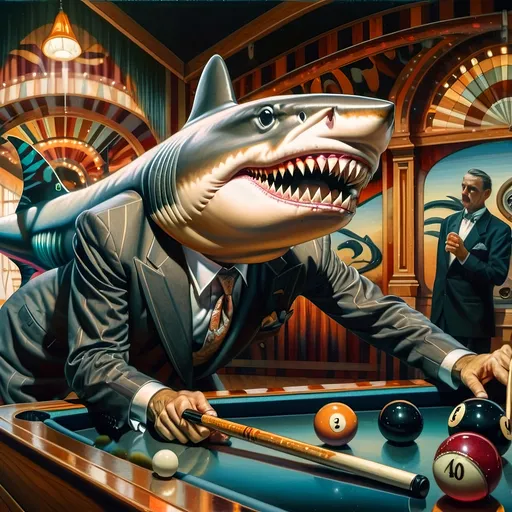 Prompt: (shark in a suit) playing pool, pool cue and ball in front, (F. Scott Hess style), (pop surrealism), enriched classical painting techniques, fine art masterpiece, luminous glass textures, intricate details, vibrant color palette, dynamic composition, warm and inviting ambiance, evoking whimsy and creativity, honoring Nuit, high artistic quality, 4K resolution.