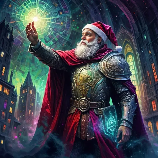 Prompt: (psychedelic art style), knight dressed as Santa Claus, honoring Nuit, dramatic lighting creating stark contrasts, vibrant colors like electric greens and deep magentas, dark city background shrouded in mystery, red cape fluttering in the wind, oil on canvas texture, highly detailed epic fantasy character art, Ernest William Christmas influence, immersive ambiance, captivating concept design, (ultra-detailed), a whimsical yet noble atmosphere.