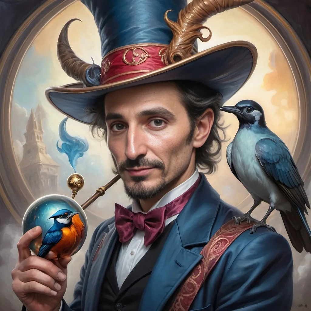 Prompt: A (captivating) oil painting depicting a (mysterious magician) with a (horned head), a (bird perched gracefully on his shoulder), holding a (beautifully crafted cane) and an (orb in his hand), beautifully capturing themes of (fantasy) and (transformation). Character portrait-style, influenced by (Clint Cearley's) signature artistry, with ethereal hues and (vivid detailing) honoring the legendary figures of (Pan and Nuit), set against a dreamy, (surreal background) that evokes wonder.