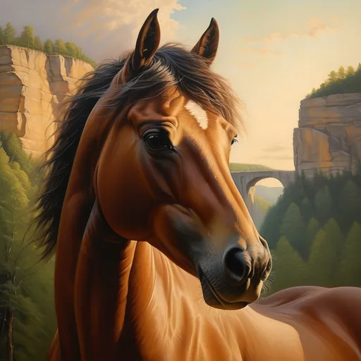 Prompt: (Honoring Nuit) artistic masterpiece, detailed oil painting of a majestic horse, set against the breathtaking landscape of Eastern Kentucky, Natural Bridge State Resort Park, depicting dramatic mountains, vibrant green foliage, a prominent cliff in the background, and the iconic Natural Bridge. Radiating a serene ambiance, showcasing depth in colors, ultra-detailed texture, capturing the harmony of nature and wildlife.