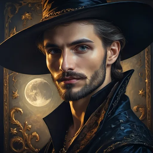 Prompt: (honoring Nuit), moon and stars) captivating handsome man magician, pointed witch hat, facial features highlighted, elegant beard, (renaissance baroque painting style), dark mystical background, rich deep colors with dramatic contrast, elements of Halloween celebration in still life arrangement, enigmatic ambiance, intricate shadows and light, (highly detailed), evoking intrigue and enchantment.