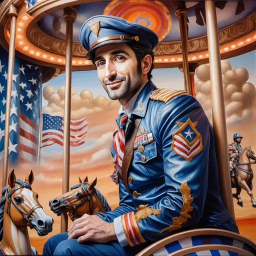 Prompt: (A Seven Wonders Art Glass Studio), oil renaissance painting, (vibrant colors), a man in military uniform, proudly riding on a Carousel of Heroes, surrounded by gracefully carved horses, soft, glowing ambiance, honoring veterans and those serving in the U.S. Military, warm golden lighting, intricate details in the uniform, carousel with richly adorned decorations, respectful atmosphere, high quality, ultra-detailed.