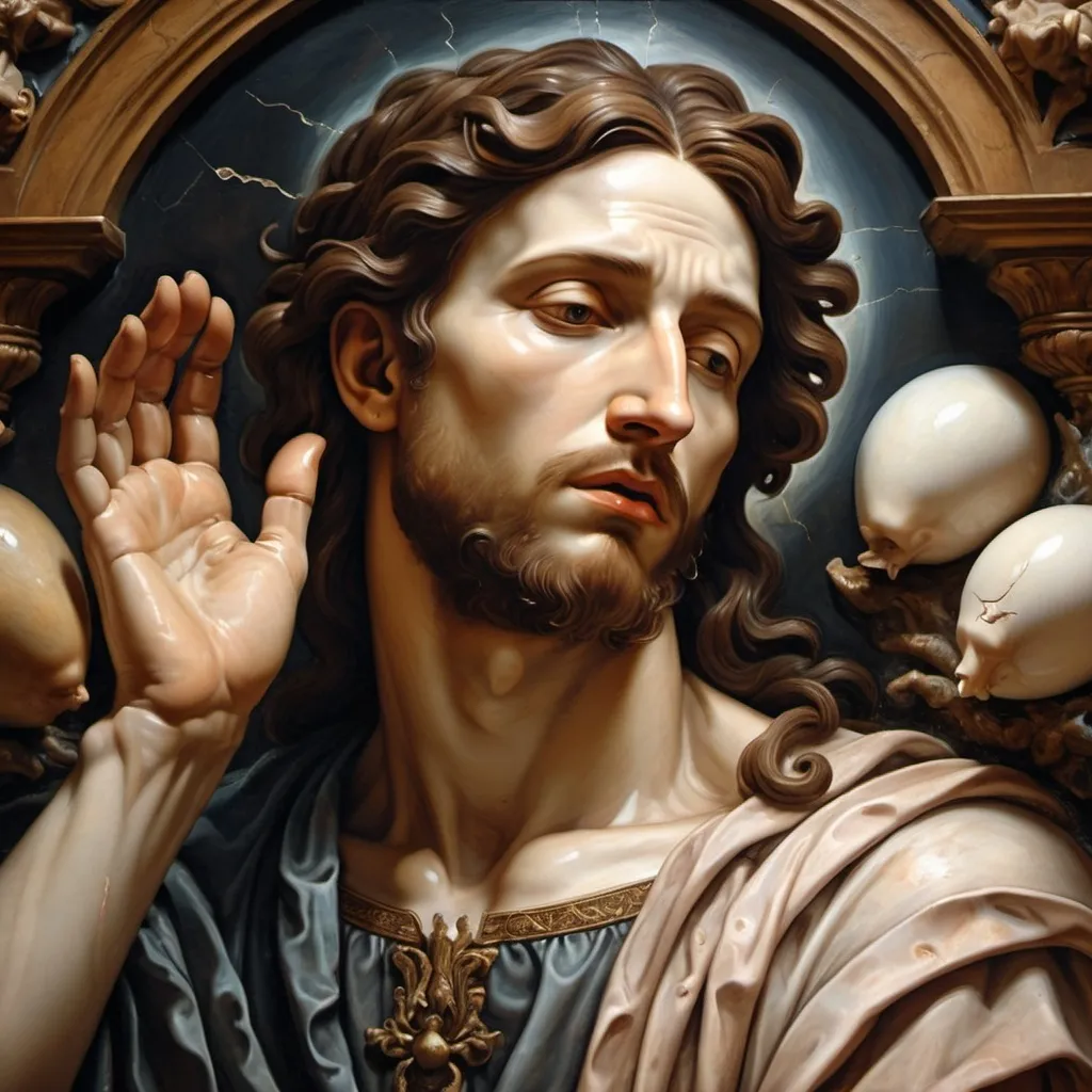 Prompt: (renaissance oil mural), dark color scheme, detailed still life, (close-up) of Adam with porcelain-like cracked face, spiritual themes, God figure, Adam expressing farewell, spirits releasing, dramatic lighting, intricate textures, somber yet profound atmosphere, ethereal elements, ultra-detailed, high quality, deep emotional resonance in depiction.