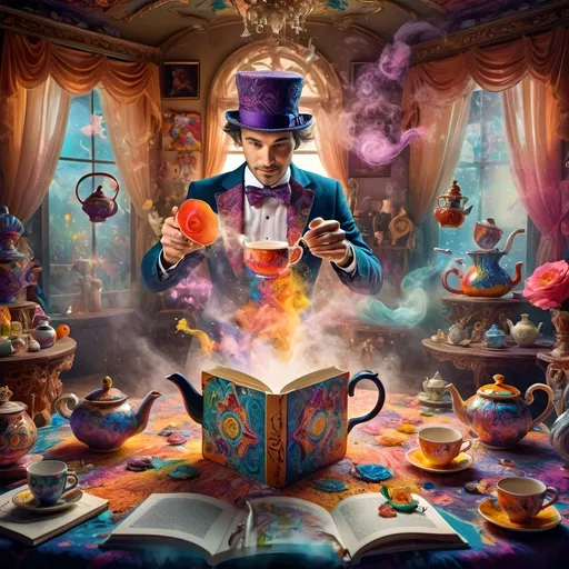 Prompt: (psychedelic still life portrait), vibrant colors, (magician jack-in-the-box man), whimsical tea party ambience, enchanting teapots, magical items animated around him, open book in front, dreamy and surreal atmosphere, intricate details, flowing patterns, mesmerizing depth, an explosion of colors, high-definition masterpiece, captivating and playful vibe.