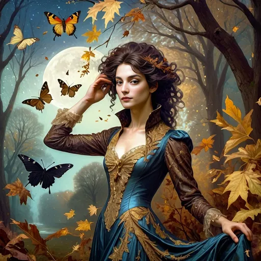 Prompt: (Honoring Nuit, Autumn Equinox), (Renaissance style), woman depicted as nature, flowing dress, butterfly in hair, rich and dark color palette, lush foliage backdrop, mood of serenity and mystery, intricate details in hair and dress, soft chiaroscuro lighting, evocative atmosphere, ultra-detailed, masterful composition, capturing the essence of autumn transition.