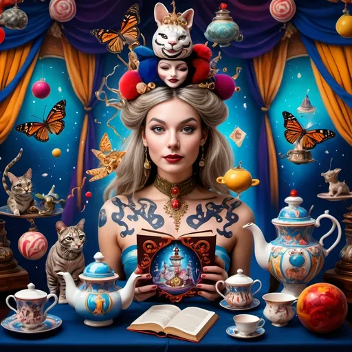 Prompt: (still life portrait), (psychedelic art style), (vibrant color scheme), a whimsical magician jack-in-the-box man, surrounded by enchanting teapots and magical items, captivating tea party scene, objects coming to life, an open book with mystical symbols, surreal and dreamlike atmosphere, vivid hues and intricate patterns, high-quality detail, a splash of imagination and wonder.