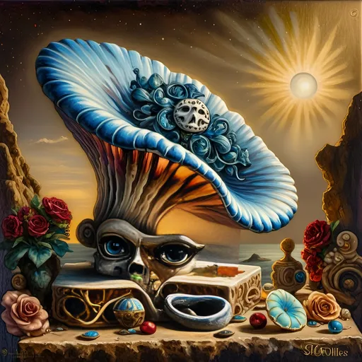 Prompt: (7 Wonders Art Glass Studio masterpiece), oil painting, (honoring Nuit), magical mushroom, (vibrant blue shell), (striking blue eye), Eye of Horus, rich textures, dreamy atmosphere, whimsical background, stars and cosmic elements, (ethereal lighting), enchanting details, high-quality, ultra-detailed composition, surreal and imaginative style.