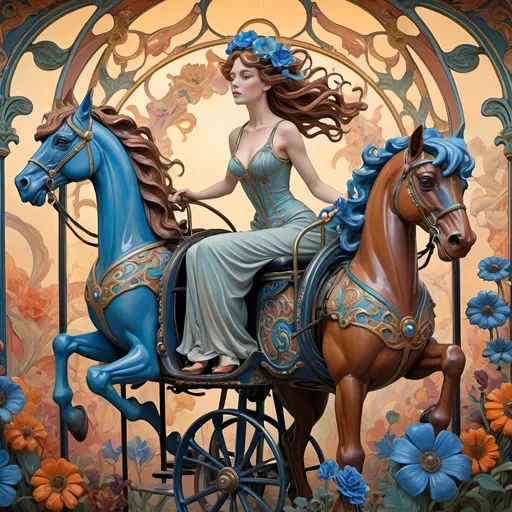 Prompt: Carousel of Diversity, (art nouveau style), (vibrant color scheme), a woman in a wheelchair joyously riding a beautifully crafted carousel with ornate horses, (blue flower in her hair), (Caroline Chariot-Dayez), figurative art, dystopian elements blending with art deco sculpture, whimsical yet haunting ambiance, richly detailed background with whimsical flowers and muted sky illuminating with warm tones, (ultra-detailed).