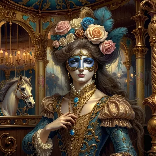 Prompt: Art Nouveau Carousel scene, (elegant woman with horse), (vibrant roses), soft pastel color scheme, (hues of gold and azure), romantic and whimsical atmosphere, detailed decorative elements, intricate designs, enchanting background featuring the (beautiful carousel), ethereal lighting, showcasing the beauty of Nuit, (ultra-detailed, 4K), dreamlike imagery blending nature and artistry.