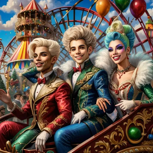 Prompt: (Honoring Nuit), vibrant oil painting of a lively group of drag queens riding a roller coaster, ecstatic expressions, in a whimsical carnival setting, colorful ferris wheel glowing in the background, (rainbow) painted on the coaster's side, bright blue sky filled with fluffy clouds, joyous atmosphere, high energy, ultra-detailed, cinematic masterpiece.