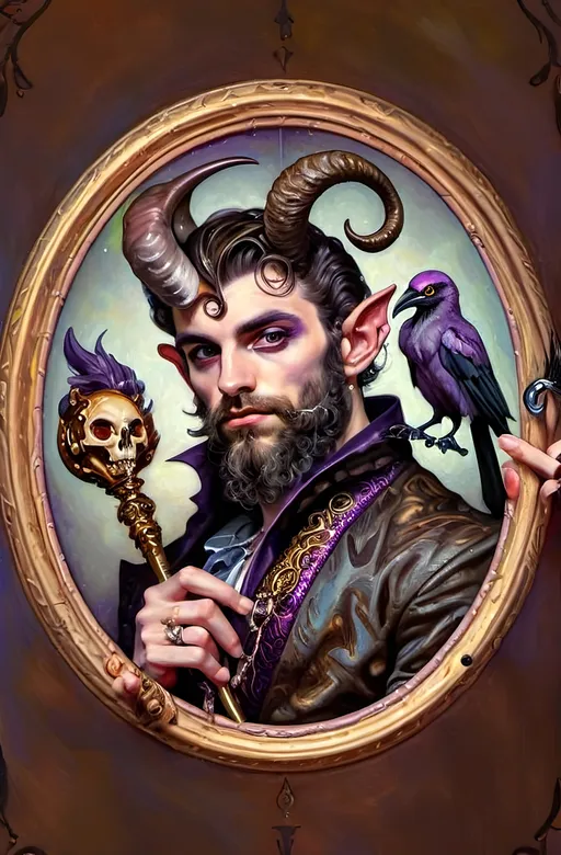 Prompt: a painting of a man magician satyr with horns and a skull in his hand and a crow on his shoulder, with a cane with a scull as orb