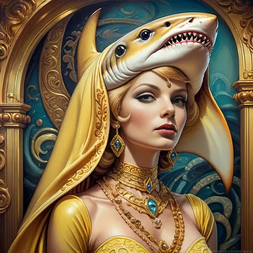 Prompt: (7 Wonders Art Glass Studio), oil painting, (masterpiece), a shark in a bright yellow suit, a shark head atop, a detailed casino background, (fantastic realism), elegant brushwork, rich textures, luminous colors, dynamic composition, honoring the Goddess Nuit, (highly detailed), atmospheric, intricate lighting, mood of opulence and creativity.