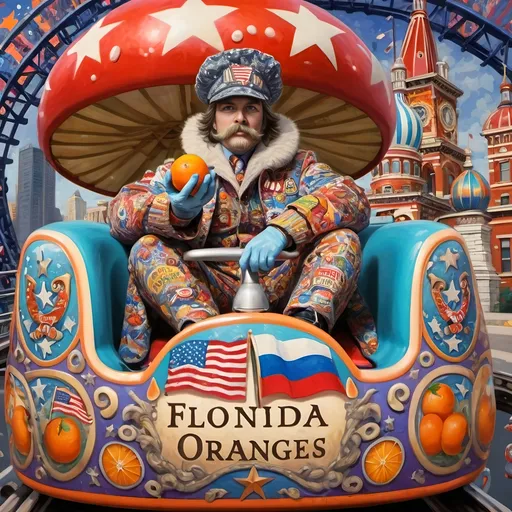 Prompt: (accurately spelled text "Yankee Doodler"), (psychedelic style), (vibrant color scheme), vibrant paint splashes, detailed painting, surreal theme, Russian individual holding a Florida orange symbolizing Republican endorsement, bold patterns, roller coaster car, American flag waving dramatically, Washington D.C. skyline in the background, whimsical elements, bright and vivid colors, intricate details, high-quality image, ultra-detailed.