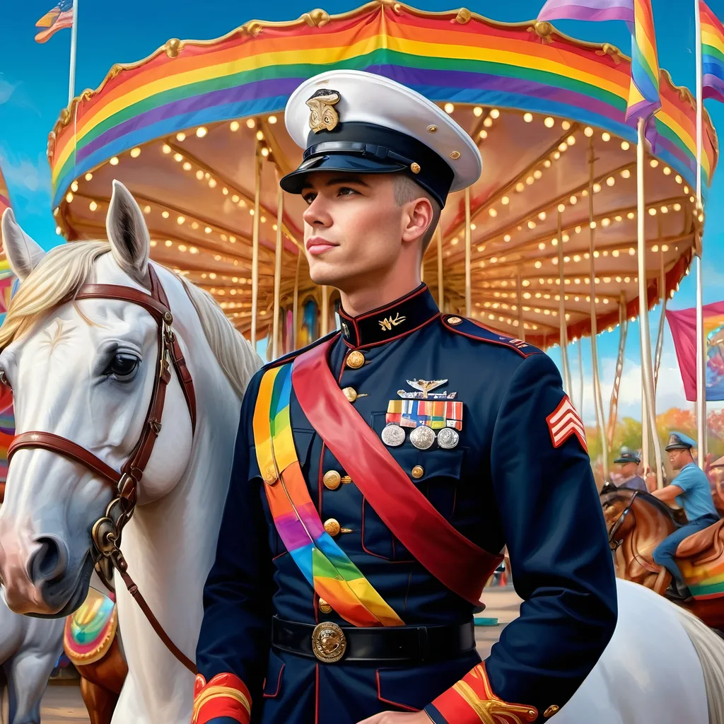 Prompt: Gay Marine man in uniform, standing proudly, (vivid colors), carousel of dreams in the background, whimsical atmosphere, a majestic horse alongside, (rainbow flag) fluttering brightly, emotional expression of confidence and hope, intricate details in uniform and carousel, (aesthetically pleasing composition), (photorealism), (ultra-detailed), highly detailed digital painting, invoking a sense of pride and joy.