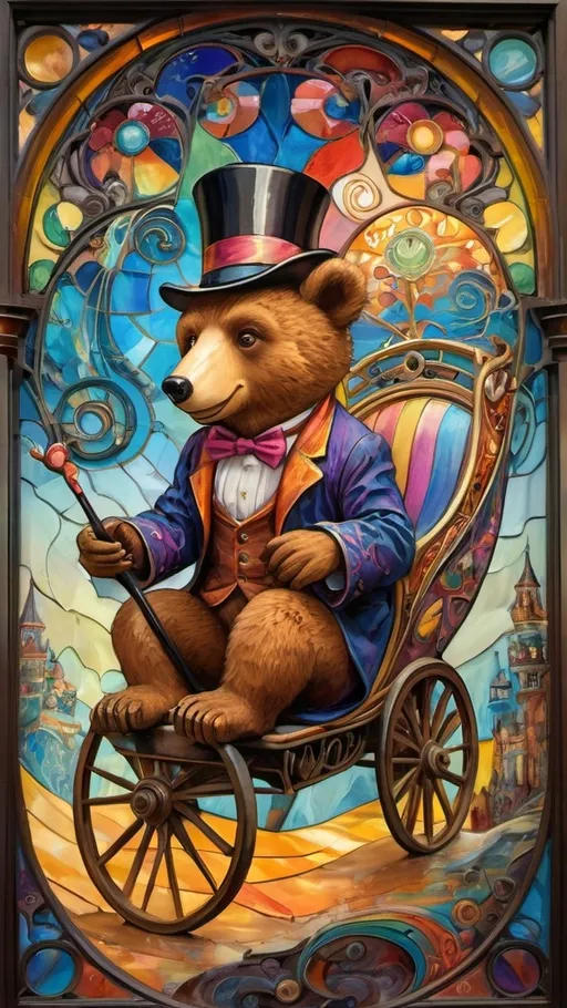 Prompt: Art nouveau painting of a (magician riding a cart shaped like a cub bear), vibrant color scheme, (hallucinogenic swirls) and (patterns), whimsical amusement park ambiance, (constructed from stained glass and porcelain), richly detailed textures, (dreamlike atmosphere), enchanting backdrop filled with colorful attractions, captivating light play, ultra-detailed, imaginative masterpiece.