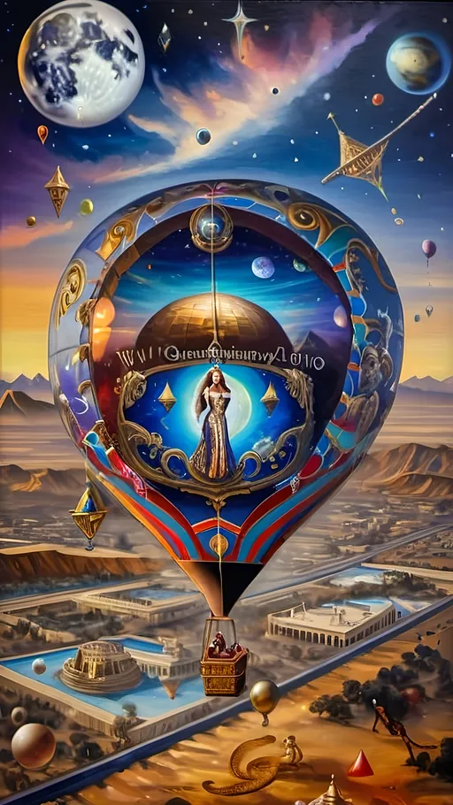 Prompt: masterpiece (oil painting), stunning hot air balloon labeled "7 Wonders Art Glass Studio", adorned with an intricate depiction of a snake, ethereal sky background filled with shimmering stars and planets, illuminating deities Nuit and Horus, soaring above the ancient Great Pyramids, symbolizing the wisdom of Thoth, vibrant colors, enchanting atmosphere, ultra-detailed, high quality.