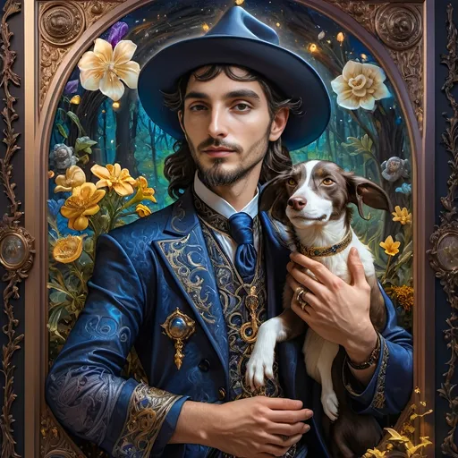 Prompt: a 7 Wonders Art Glass Studio Renaissance portrait painting of a half man, half goat, in a suit and tie with a dog in a frame with flowers and forest.  Esoteric Pan’s Arcadia setting honoring Nuit.