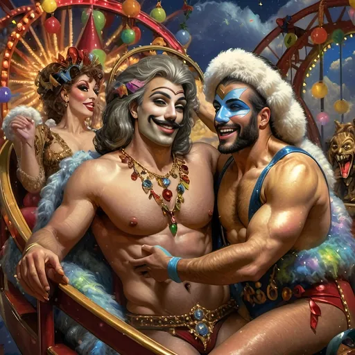 Prompt: (Honoring Nuit), vibrant oil painting of a lively group of drag queens riding a roller coaster, ecstatic expressions, in a whimsical carnival setting, colorful ferris wheel glowing in the background, (rainbow) painted on the coaster's side, bright blue sky filled with fluffy clouds, joyous atmosphere, high energy, ultra-detailed, cinematic masterpiece.