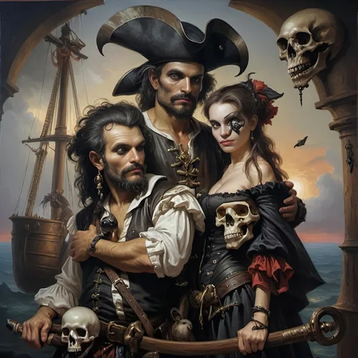 Prompt: (Renaissance oil painting "Honoring Nuit"), A highly detailed image of a pirate man and his lover dressed in ornate pirate costumes of the Conquistador period, dramatically posed together in front of a majestic ship adorned with a skull, lush vibrant colors, rich textures, mystical atmosphere, cinematic depth, featuring intricate backgrounds, a beautiful sunset sky, 4K, fantasy art influence, captures the essence of adventure and romance within this oil painted masterpiece.