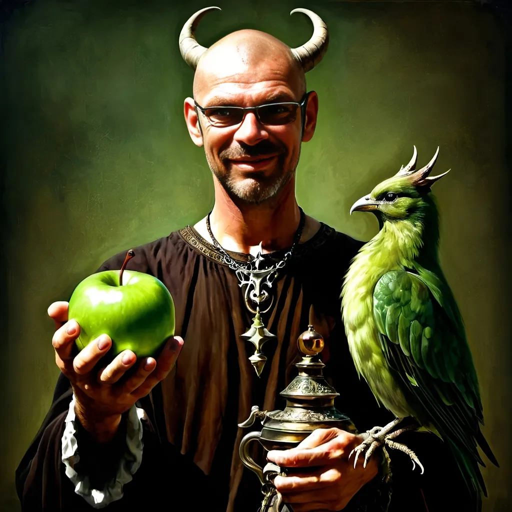 Prompt: (renaissance style), dark color scheme, a man with a horned head, a bird perched on his shoulder, holding a lamp in one hand, a green apple in the other, inspired by Esao Andrews, (highly detailed), fantasy art, character portrait, intricate details, rich textures, dramatic lighting, moody ambiance, ultra-detailed digital painting.