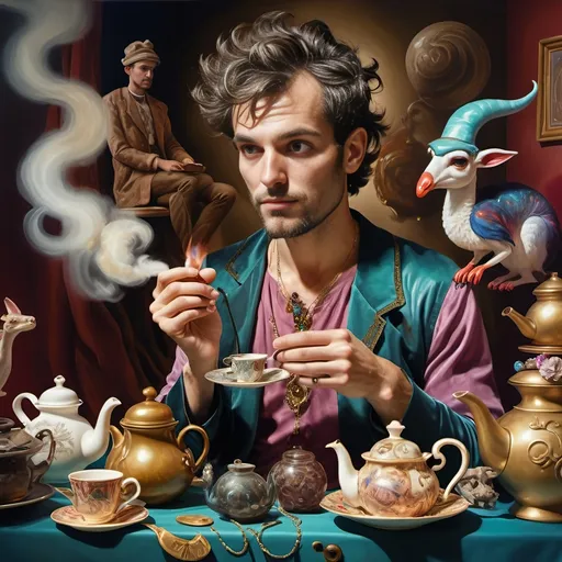 Prompt: (psychedelic still life portrait), a magician jack-in-the-box man, surrounded by (vibrant) teapots and enchanted magical items, items coming to life at a whimsical tea party, an open book exuding shimmering light in front of him, rich jewel tones, swirling patterns, otherworldly atmosphere, 4K, ultra-detailed, dreamlike ambiance.