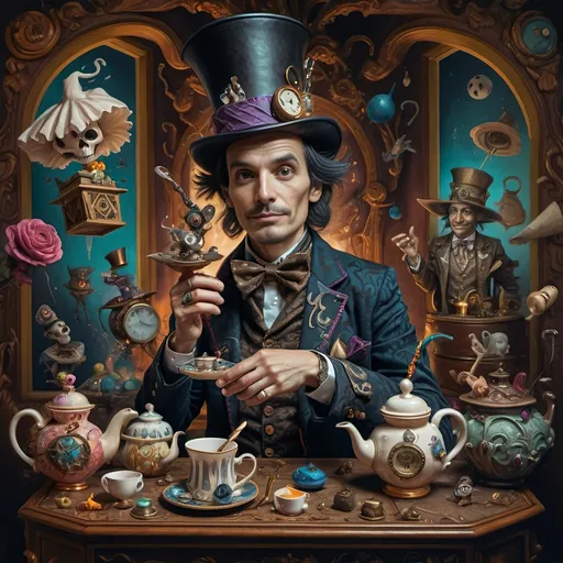 Prompt: (still life portrait), (psychedelic art style), (vibrant color scheme), a whimsical magician jack-in-the-box man, surrounded by enchanting teapots and magical items, captivating tea party scene, objects coming to life, an open book with mystical symbols, surreal and dreamlike atmosphere, vivid hues and intricate patterns, high-quality detail, a splash of imagination and wonder.