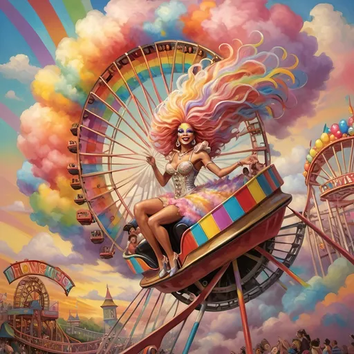 Prompt: (honoring nuit), a mesmerizing painting of colorful drag queens exuding joy and fabulousness while riding a roller coaster, vibrant (rainbow) painted on the side, a whimsical ferris wheel creating a festive atmosphere in the background, whimsical cotton candy clouds, (dynamic movement), warm pastel colors enhancing the lively scene, ultra-detailed, high-quality artwork capturing a celebratory ambiance.