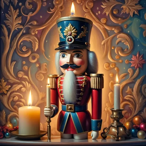 Prompt: a nutcracker with a candle and a candle holder in front of it, surrounded by christmas decorations, Anne Stokes, pop surrealism, extremely detailed oil painting, an airbrush painting