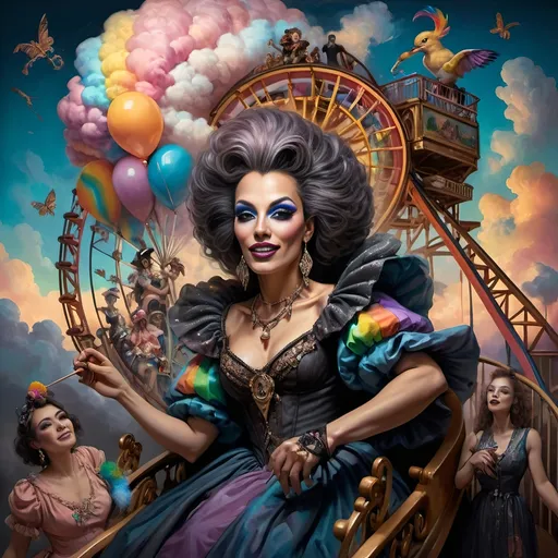 Prompt: (honoring nuit), a mesmerizing painting of colorful drag queens exuding joy and fabulousness while riding a roller coaster, vibrant (rainbow) painted on the side, a whimsical ferris wheel creating a festive atmosphere in the background, whimsical cotton candy clouds, (dynamic movement), warm pastel colors enhancing the lively scene, ultra-detailed, high-quality artwork capturing a celebratory ambiance.