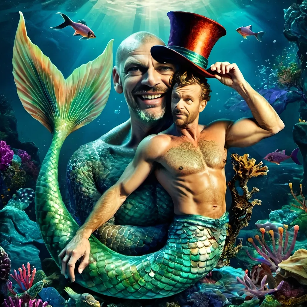 Prompt: a merman in a top hat and a mermaid tail is holding a fish in his hand and a hat is on his head, David LaChapelle, fantasy art, fantasy artwork, a character portrait