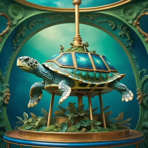 Prompt: (turtle on a carousel), (surrealist sculpture), vibrant blue and lush green backgrounds, (gold frame), whimsical atmosphere, high detail, pop surrealism, inspired by Chris LaBrooy, imaginative composition, extraordinary depth, astonishing textures, dreamy lighting effects, unique surreal photography style, splendid craftsmanship, captivating expression, ultra-detailed, 4K resolution.