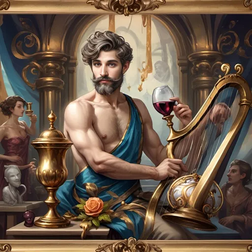 Prompt: (oil painting) Honoring Nuit, a man with a (wisdom-filled beard) holding a harp and a (rich) cup of wine, next to a (gilded golden cup), Ditlev Blunck's artisanal touch, (neoclassical elegance) with (Flemish Baroque influences). The atmosphere reflects reverence and beauty, drenched in (warm, golden tones), evoking the essence of a (divine encounter) that captures a mortal honoring the God Pan. Ultra-detailed, quintessential classical painting.