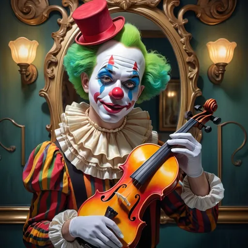 Prompt: (art nouveau style), (vibrant color scheme), clown with a violin in hand, clown face makeup, in front of a mirror, inspired by Anne Stokes, (pop surrealism), highly detailed, (oil painting), fine art painting, intricate patterns, whimsical atmosphere, dramatic lighting, rich textures, ornate background elements, captivating expression, enchanting portrayal, 4K, ultra-detailed.