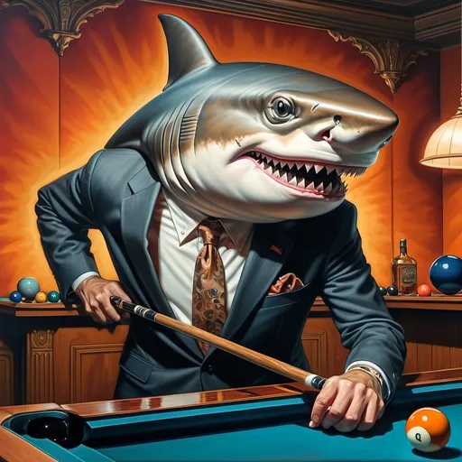 Prompt: a shark in a suit playing pool with a pool cueil and a pool ball in front of him, F. Scott Hess, pop surrealism, classical painting, a fine art painting