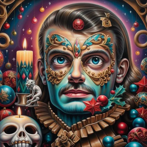 Prompt: (nutcracker), (candle and candle holder), surrounded by (Christmas decorations), (psychedelic art style), (vibrant color scheme), (extremely detailed), (oil painting), (airbrush painting), inspired by (Anne Stokes), (pop surrealism), dynamic patterns and textures, warm and festive ambiance, high-quality artistry, rich hues melding into each other, whimsical elements drawing viewers in, enchanting holiday spirit, magical atmosphere.