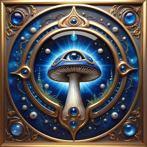 Prompt: (7 Wonders Art Glass Studio masterpiece), oil painting, (honoring Nuit), magical mushroom, blue shell, blue eye (Eye of Horus), vibrant colors, dreamy atmosphere, intricate details, mystical background with swirling galaxies, ethereal glow illuminating the mushroom, (ultra-detailed), high quality, enchanting and enchanting ambiance.