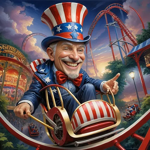 Prompt: A masterpiece painting by A Seven Wonders Art Glass Studio, (vibrant colors), depicting a man in a (patriotic hat) riding the (Freedom rollercoaster) in D.C.’s (new amusement park) named Freedom Park. The background features (dynamic amusement park rides), (lush greenery), and the spirit of (freedom) runs throughout. A symbolic homage to Nuit, with a (breathtaking sky) above, featuring (warm light) detailing and a victorious atmosphere, encapsulated in (ultra-detailed) art.