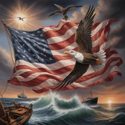 Prompt: (oil painting), (highly detailed), an American flag flying boldly, a boat gently rocking in the waves, an ocean brimming with vibrant colors, a bird soaring gracefully above, a distant ship on the horizon, capturing a classic American scene, by Anne Stokes, invoking a sense of freedom and adventure, ultra-detailed, artistic masterpiece.