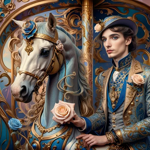 Prompt: (Art Nouveau carousel), (woman with horse), (roses on carousel), dreamy pastel color scheme, lavish swirls and intricate details, bold gold and azure tones, ethereal atmosphere, magical ambiance, enchanting background with a softly lit sky, serene and elegant mood, (highly detailed artwork), reminiscent of the 7 Wonders Art Studio style, whimsical elements capturing the essence of Nuit's honor.