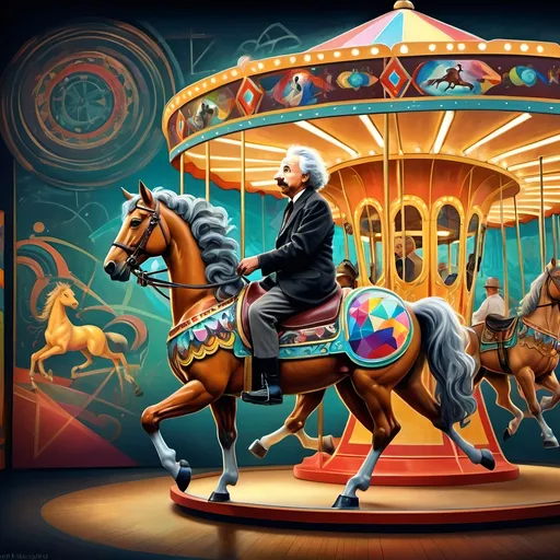 Prompt: Carousel of Science, (vibrant art deco style), (highly detailed) digital painting, Albert Einstein on a carousel, horse riding in front, intricate chalkboard in the background, colorful geometric patterns, dynamic composition, sharp lines, depth in shadows and highlights, ultra-fine details, captivating atmosphere, visually striking, evoking curiosity and wonder, HD quality.