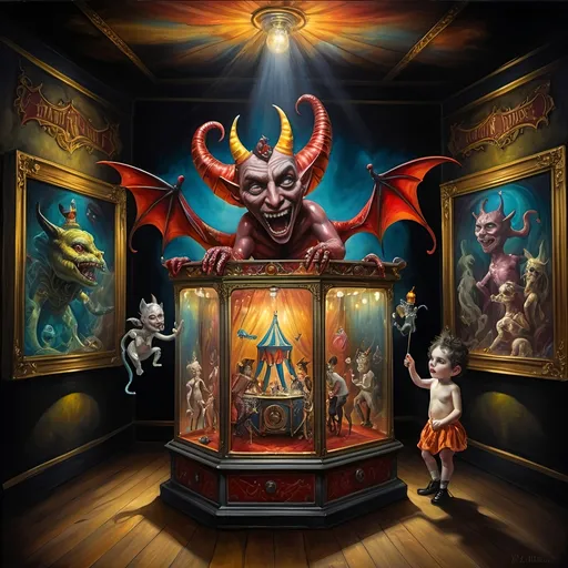 Prompt: (7 Wonders Art Glass Studio), (oil painting), demons as jack-in-the-boxes, circus setting, (highly detailed), (ultra-fine details), esoteric ambiance, dark and mysterious atmosphere, surreal colors, intricate textures, curiosity sparks, vivid contrasting shadows, ethereal lighting, artistically whimsical exhibits, hauntingly beautiful, capturing the essence of Nuit.