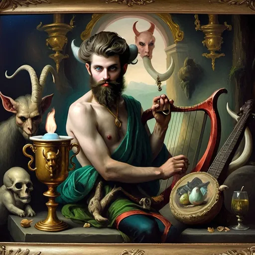 Prompt: (oil painting) Honoring Nuit, a man with a (wisdom-filled beard) holding a harp and a (rich) cup of wine, next to a (gilded golden cup), Ditlev Blunck's artisanal touch, (neoclassical elegance) with (Flemish Baroque influences). The atmosphere reflects reverence and beauty, drenched in (warm, golden tones), evoking the essence of a (divine encounter) that captures a mortal honoring the God Pan. Ultra-detailed, quintessential classical painting.